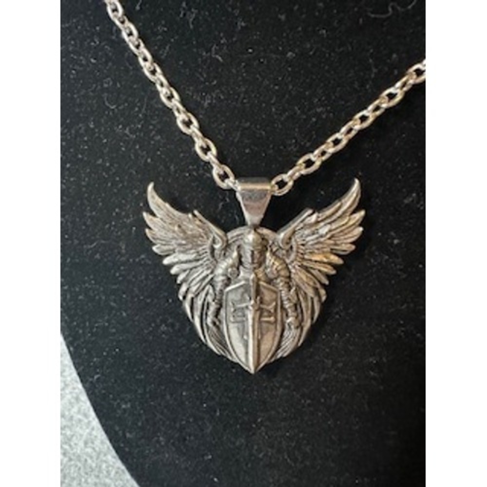 Silver Tone Winged Knight Pendant Necklace Medieval Warrior Sword Shield 24 In